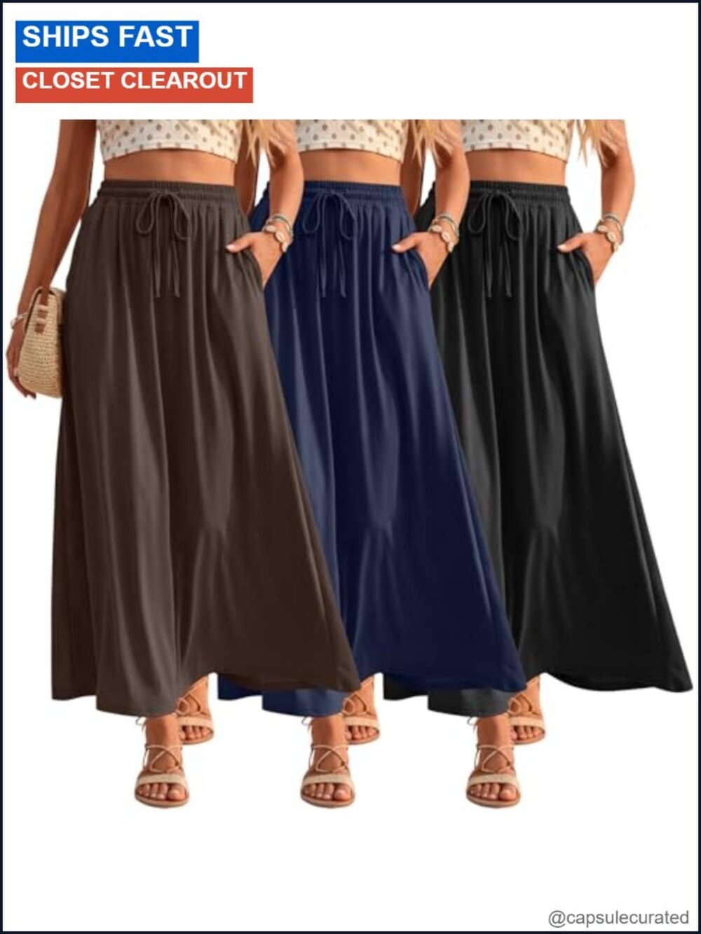 Women's Maxi Skirts 3 Pack A-Line Ankle Length Drawstring Pockets